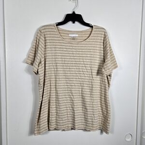 Talbots Woman Tan Gold Metallic Striped Short‎ Sleeve Round Neck Cotton Tee 2X